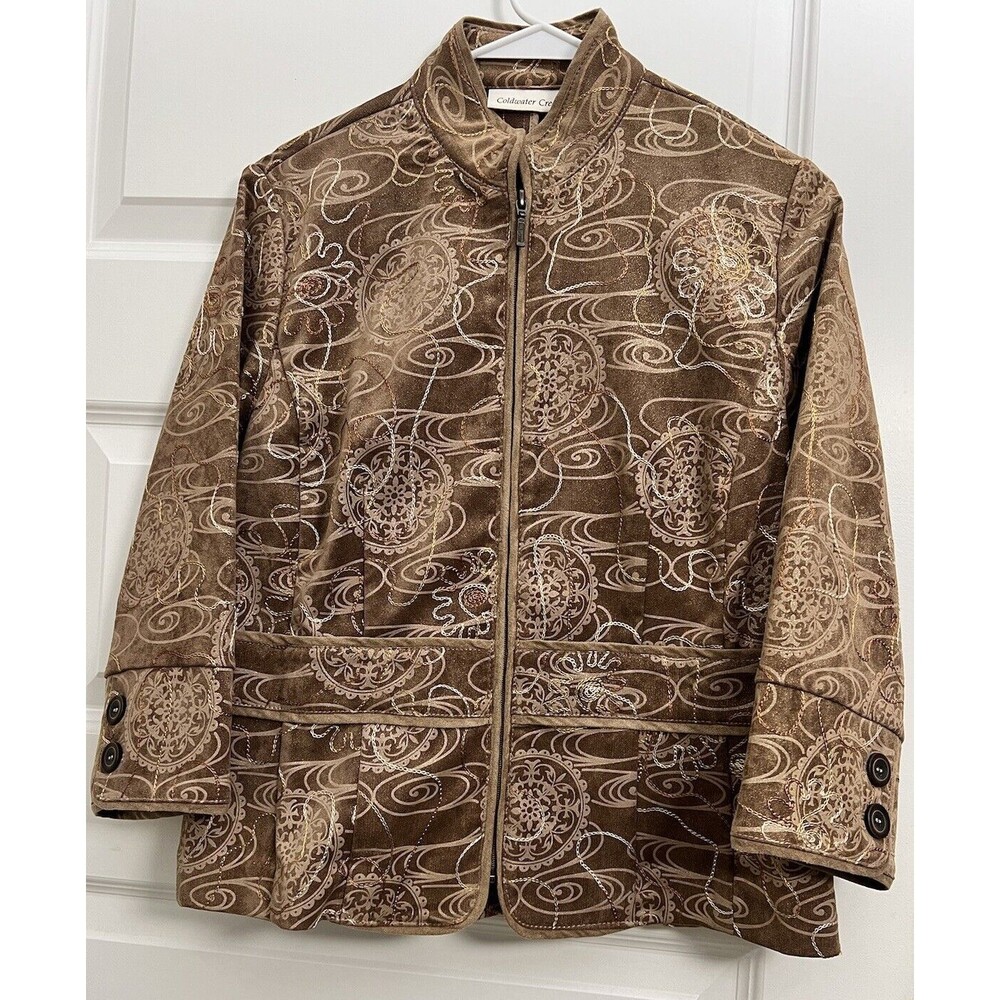 Coldwater Creek Jacket Womens 8 Brown Embroidered Asian Collar Boho NWT